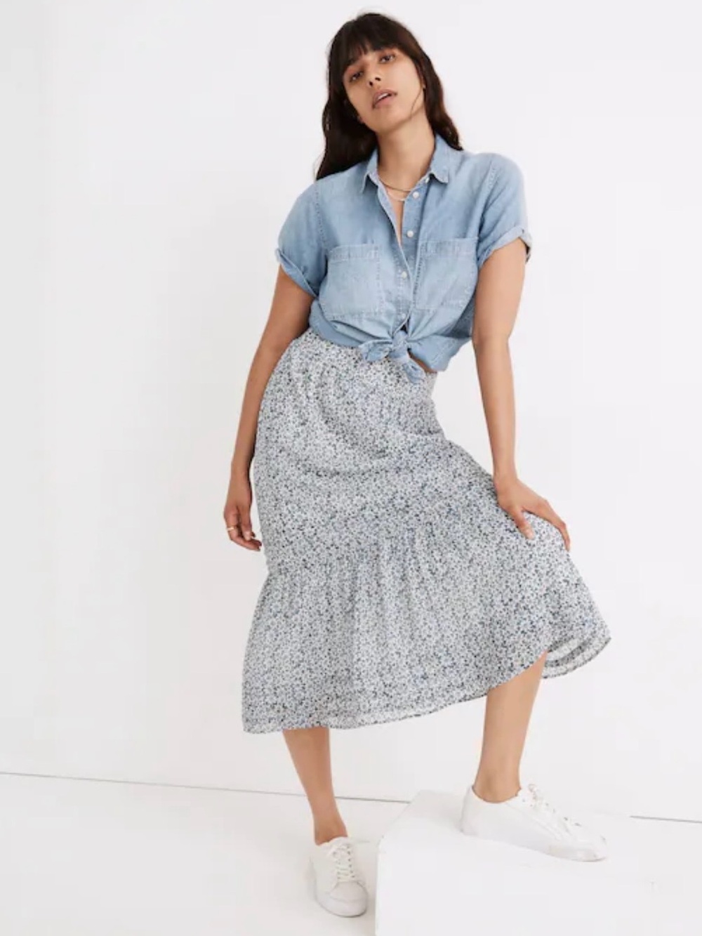 Madewell Georgette Pintuck Blue Floral Maxi  Skirt in Sunflower Field
